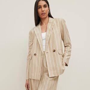 Ann Taylor Tan Pinstripe Blazer Double Breasted Linen Blend NWT Sz 14